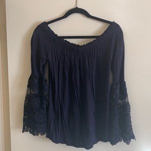 Loft Off the Shoulder Top lace sleeves size M navy blue